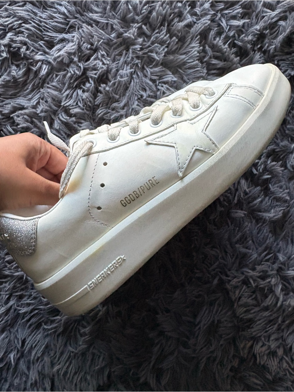 Golden Goose White Leather Platform Sneaker with Silver Glitter Heel